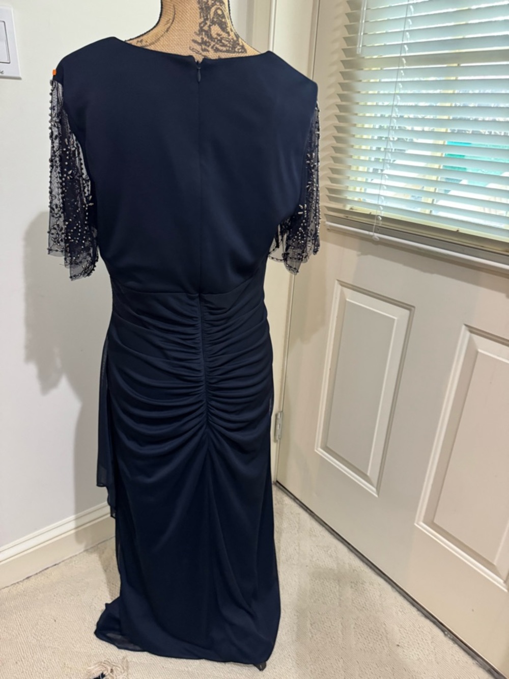 Xscape Dark Navy V-Neck Maxi Dress with Beaded Fringe Sleeves size 14 - Picture 5 of 16